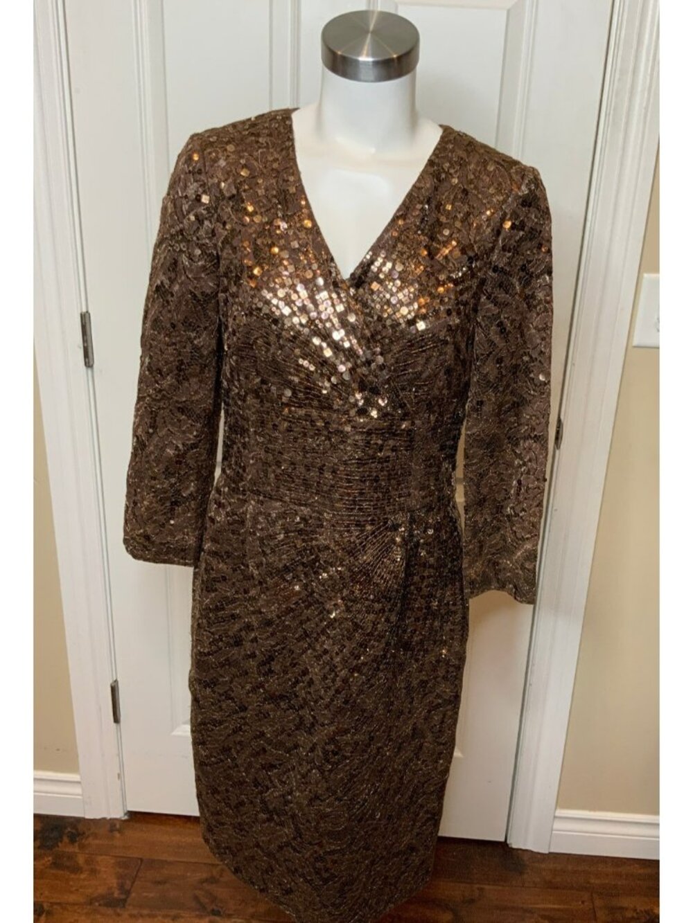 Carolina Herrera Brown Sequined Mesh Textured Surplice Neckline Sheath Dress, 6